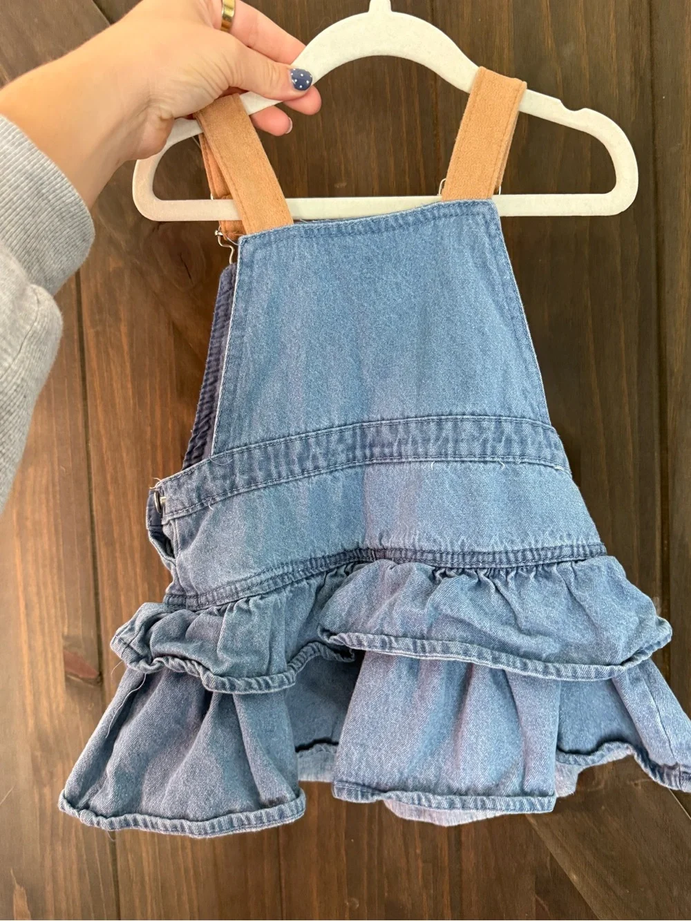 Vintage Light Blue Denim Ruffle Overall Dress with Tan Straps and Yellow Flower